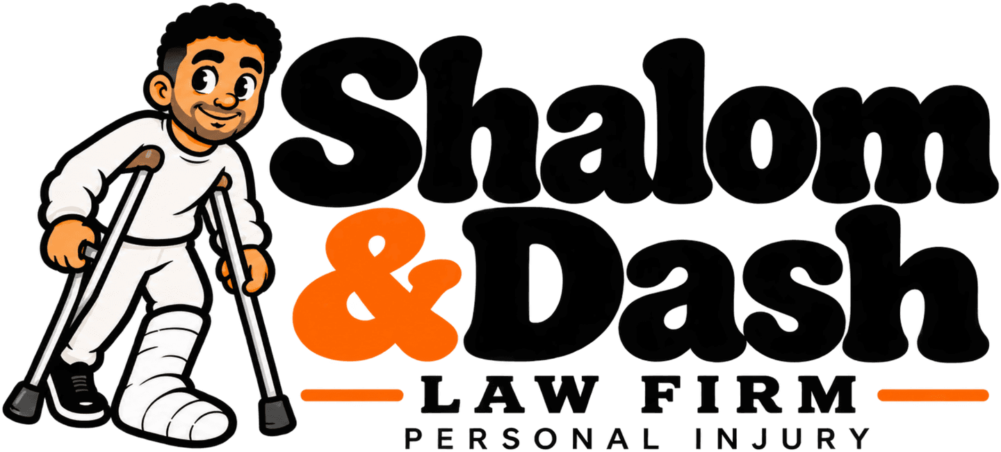 Shalom & Dash logo with a cartoon of a smiling man on crutches