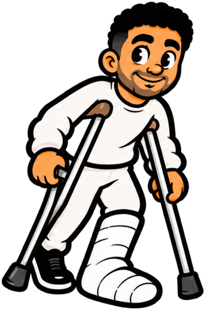 Cartoon of a smiling man walking on crutches with a cast on his leg.