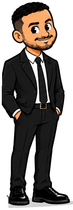 Cartoon of attorney Gabriel Dardashti in a black suit and tie, smiling with his hands in his pockets.