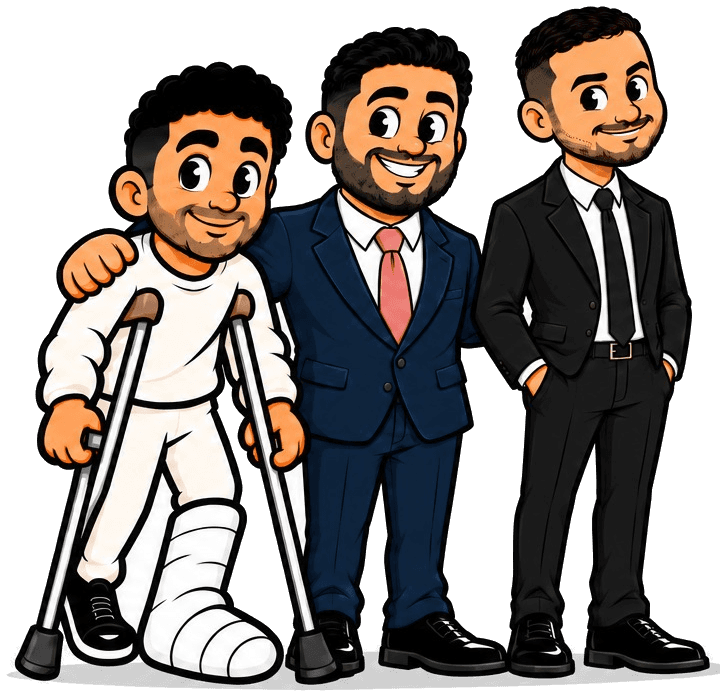 Cartoon illustration of attorneys Eliyahu Ohevshalom, in a navy suit with his arm around the shoulder of a client on crutches with a leg cast, and Gabriel Dardashti, in a black suit with his hands in his pockets.